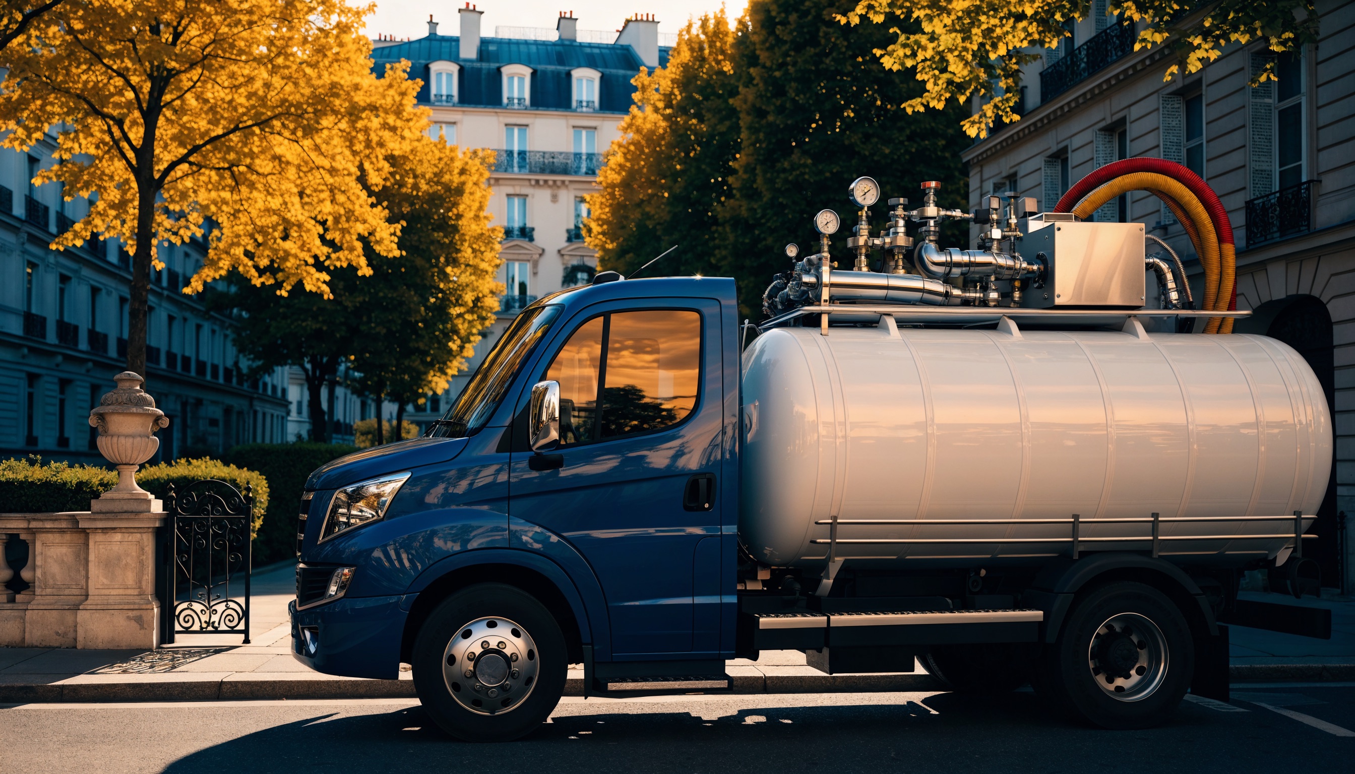 Camion hydrocureuse haute pression en intervention dans une rue de Paris 16e
